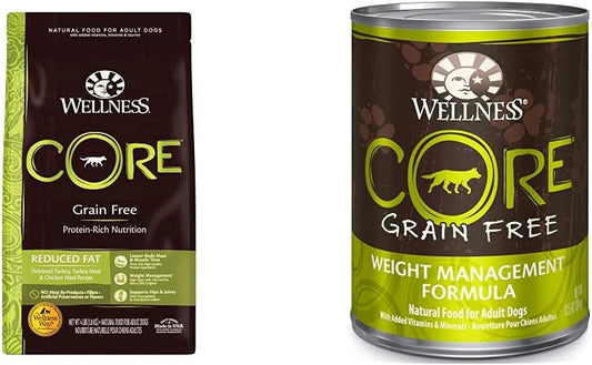 Wellness CORE Grain Free Weight Management Dry Dog Food, Turkey & Chicken Meal, 4 Pound Bag CORE Wet Dog Food Pate, Chicken, 12 Cans, 12.5 Ounce Can