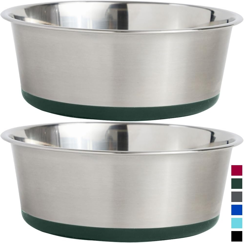 Gorilla Grip Set of 2 Dog Bowls, Holds 6 Cups (48 fl oz), Heavy Duty Metal Food and Water Bowl for Feeding Dogs and Cats, Dishwasher Safe, Rust Resistant Stainless Steel, BPA Free Rubber Base, Green