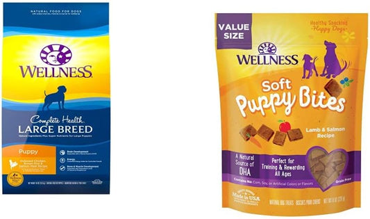 Wellness Complete Health Large Breed Puppy Recipe, 30 lbs Soft Puppy Bites, Lamb and Salmon, 8 oz Bag