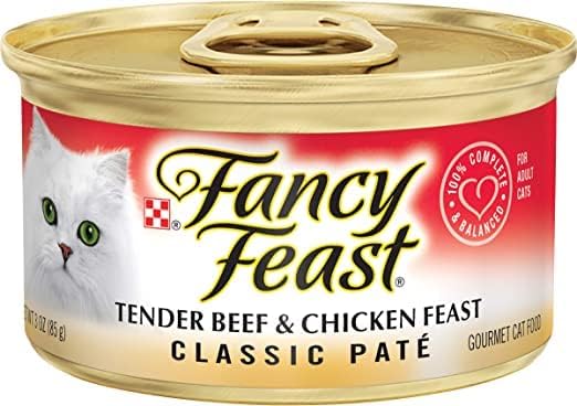 Fancy Feast Wet Cat Food Pate - 3 Oz Cans, Pack of 12 - Classic Cat Pate with Tender Beef & Chicken Feast - Grain Free Canned Cat Food Includes Attached Encyclopedia