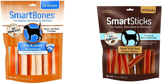 SmartBones Chicken Dog Chews Hip Joint (16 Sticks) and SmartSticks Peanut Butter Dog Chews (10 Count)