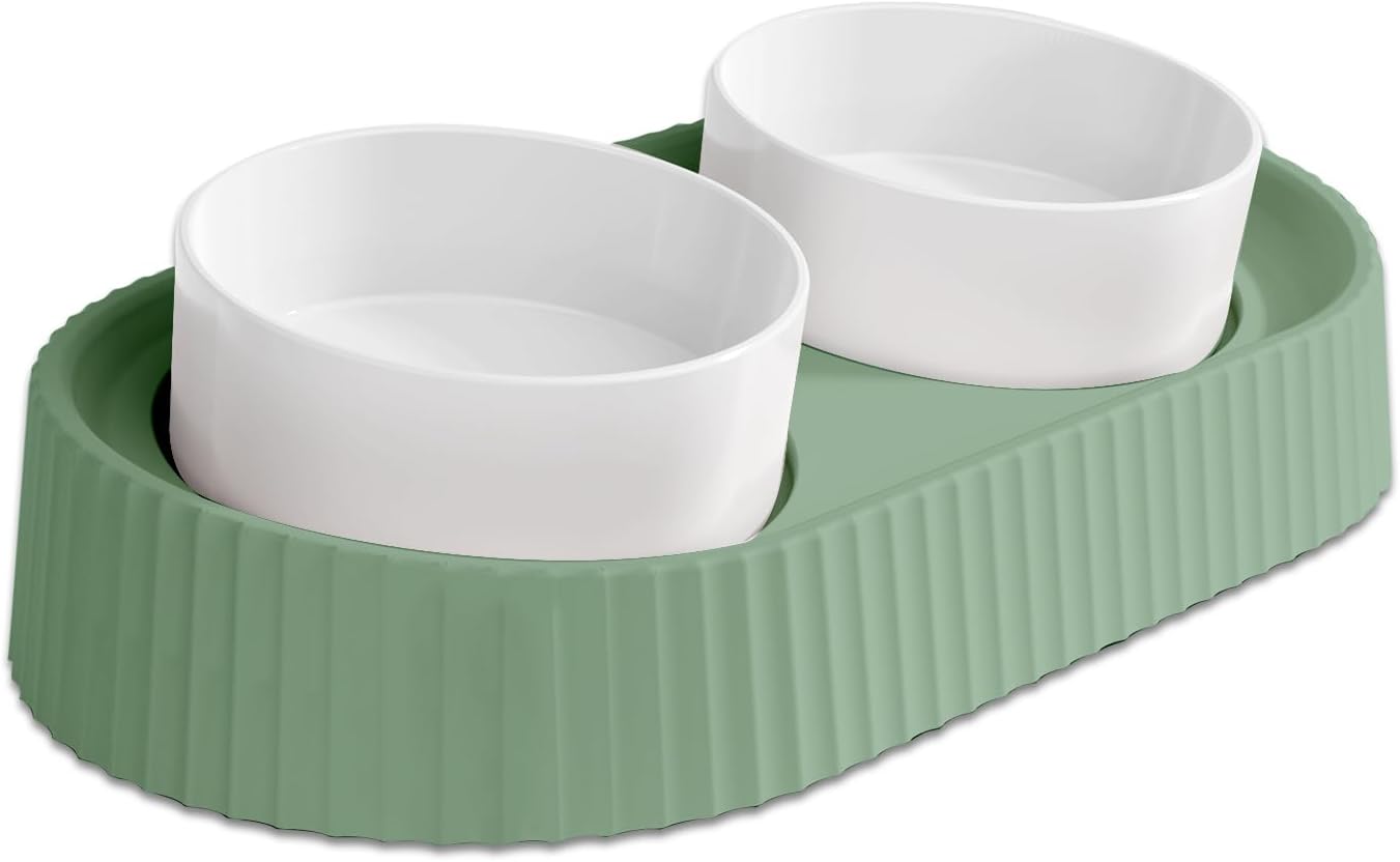 Rexinchen Ceramic Elevated Cat Bowls 15° Tilted Raised Cat Food Bowls for Indoor Cat Anti Vomiting Cat Food and Water Bowl Set Dog Bowls for Small Dog Whisker Fatigue Pet's Dishes (Green)