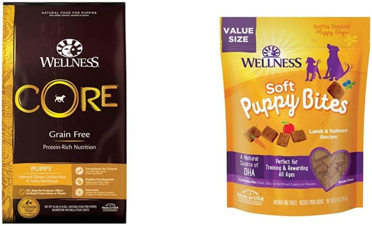 Wellness CORE Grain-Free Puppy Recipe, 26 lbs Soft Puppy Bites, Lamb and Salmon, 8 oz Bag