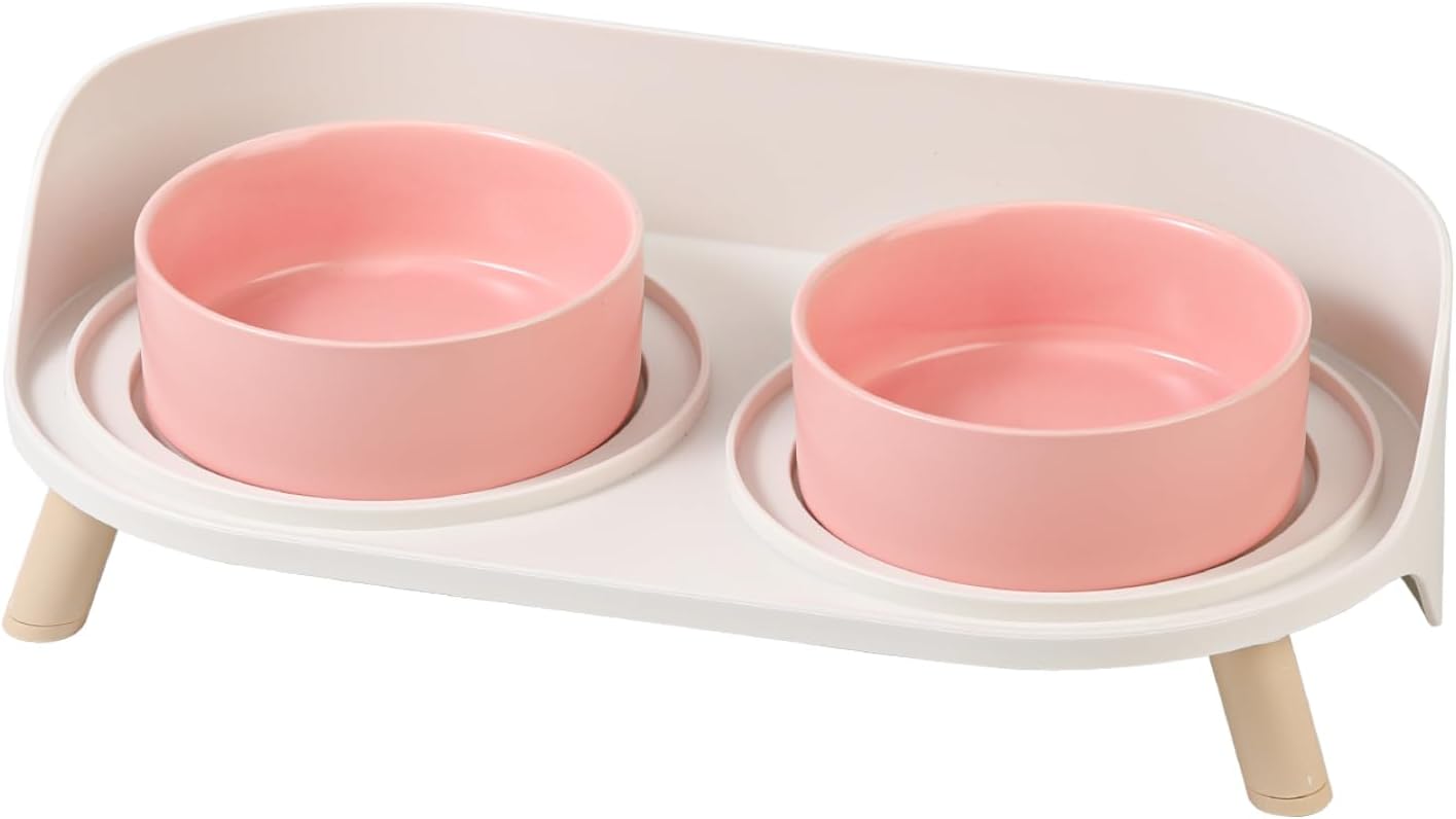 Cat Food Water Bowl Set - Raised Cat Bowls with Non Slip Stand - Elevated Puppy Bowls for Small Dogs - Double Ceramic Cat Feeding Bowls with Splash Proof Guard - Tall Cat Dishes