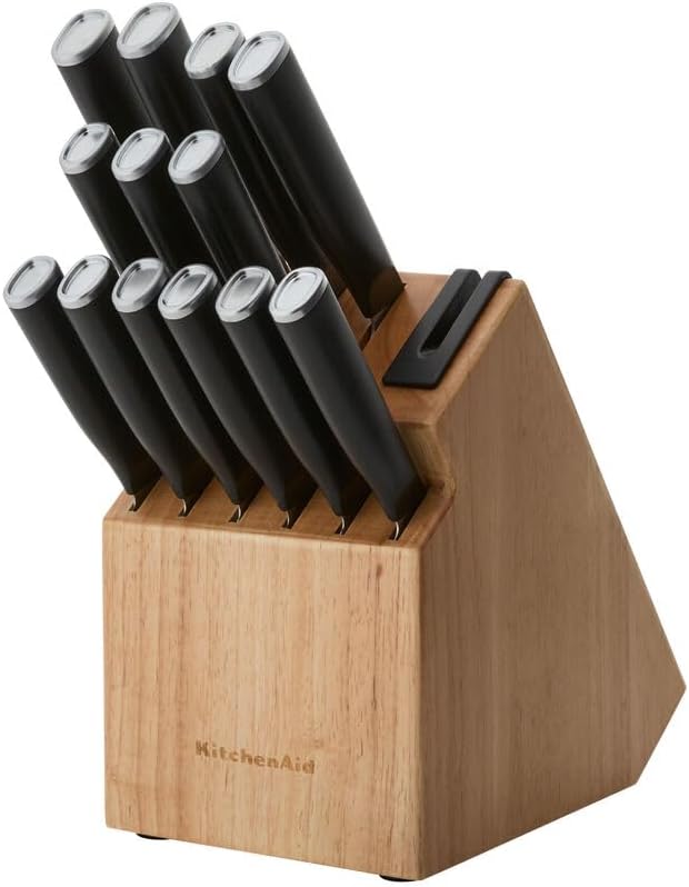 KitchenAid Classic Step Knife Block Set with Built-In Knife Sharpener, High Carbon Stainless Steel Kitchen Knives, Sharp Kitchen Knife Set with Block, 14-Piece, Natural