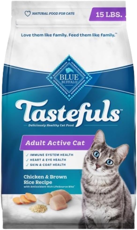 Blue Buffalo Tastefuls Natural Dry Food for Active Adult Cats, Chicken and Brown Rice Recipe, 15-lb. Bag