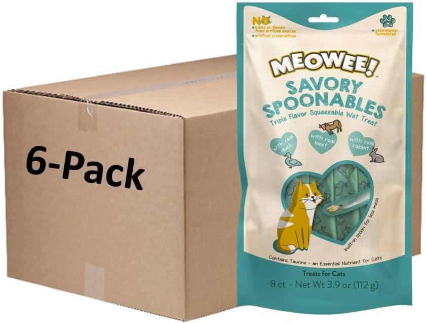 MEOWEE! Savory Spoonables with Real Duck, Beef & Rabbit, 8 Count Tube, Triple Flavor Squeezable Lickable Wet Treats for Cats with Built-in Spoon for Less Mess