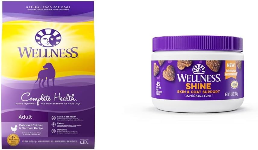 Wellness Food + Supplements Bundle: Complete Health Natural Dry Dog Food, Chicken & Oatmeal, 15-Pound Bag Skin & Coat Soft Chew Dog Supplements, Barkin' Bacon Flavored, 45 Count