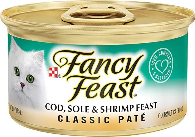 Fancy Feast Wet Cat Food Pate - Classic Cat Pate with Cod, Sole & Shrimp Feast (3 Oz Cans, Pack of 12) - Grain Free Canned Cat Food Includes Attached Encyclopedia - Cat Can Food