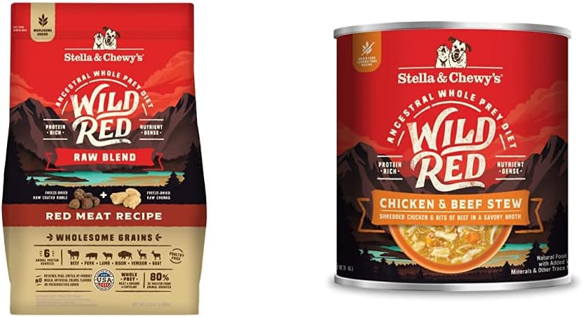 Stella & Chewy's Wild Red Raw Blend Kibble Dry Dog Food Wholesome Grains Red Meat Recipe, 3.5lb Bag + Wild Red Chicken & Beef Stew Wet Dog Food, 10oz Cans (Pack of 6)