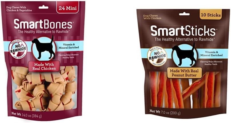 SmartBones Mini Dog Chews, Rawhide Free Chews For Dogs, Made With Real Chicken and Vegetables, 24 Count | SmartBones SmartSticks, Treat Your Dog to a Rawhide-Free Chew Made With Real Meat and Vegetables 10 Count (Pack of 1)