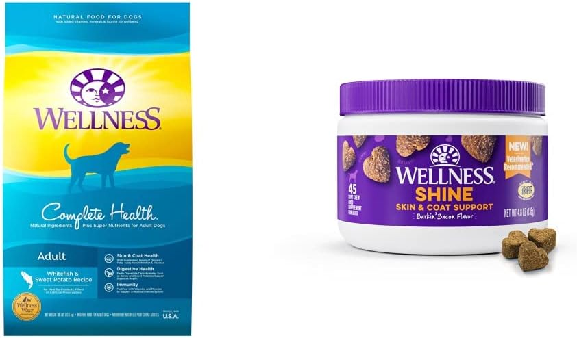 Wellness Complete Health Food + Supplements Bundle: Natural Dry Dog Food, Whitefish & Sweet Potato, 30-Pound Bag Skin & Coat Soft Chew Dog Supplements, Barkin' Bacon Flavored, 45 Count