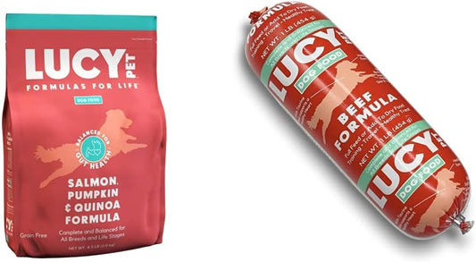 Lucy Pet Formulas for Life Salmon, Pumpkin, & Quinoa Dry Dog Food, All Breeds & Life Stages, Digestive Health, Sensitive Stomach & Skin - 4.5 lb & Beef Formula Dog Food Roll 1 lb