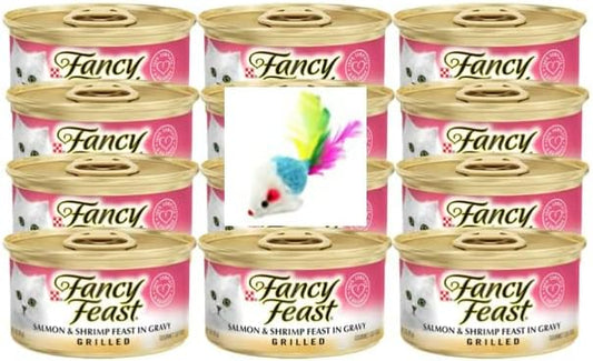 Fncy Fest Grilled Salmon & Shrimp Feast in Gravy 3 oz Pack of 12 with a Mouse Toy