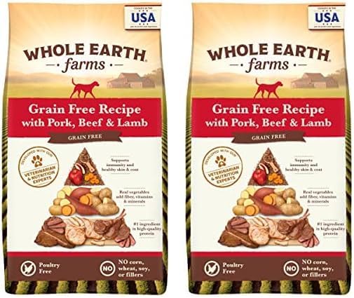 Whole Earth Farms Natural Grain Free Dry Kibble, Wholesome and Healthy Dog Food, Pork, Beef, and Lamb Recipe - 4 LB Bag (Pack of 2)