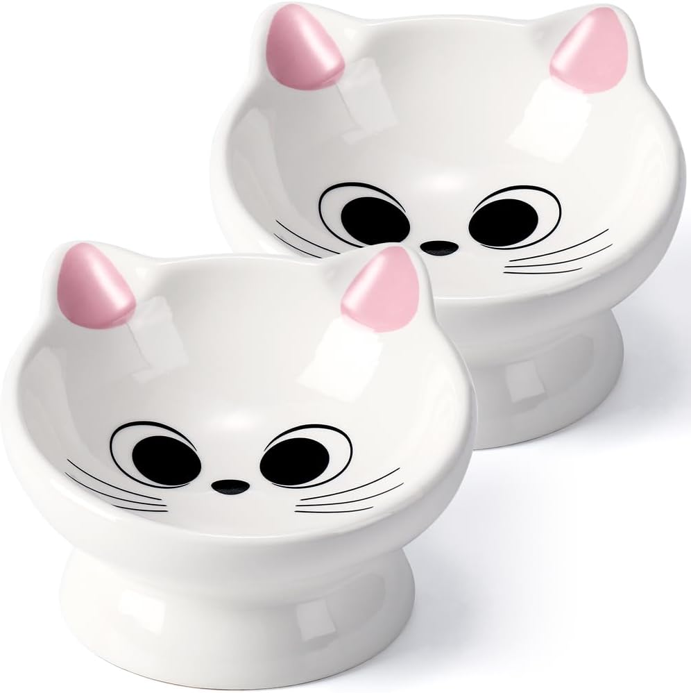 2Pcs Raised Cat Food Bowl Ceramic 15° Tilted Cat Food Bowls Protect Cat's Spine Anti Vomiting Backflow Prevention Cat Bowls for Adult Cats, Kitten, and Small Dogs, Pink