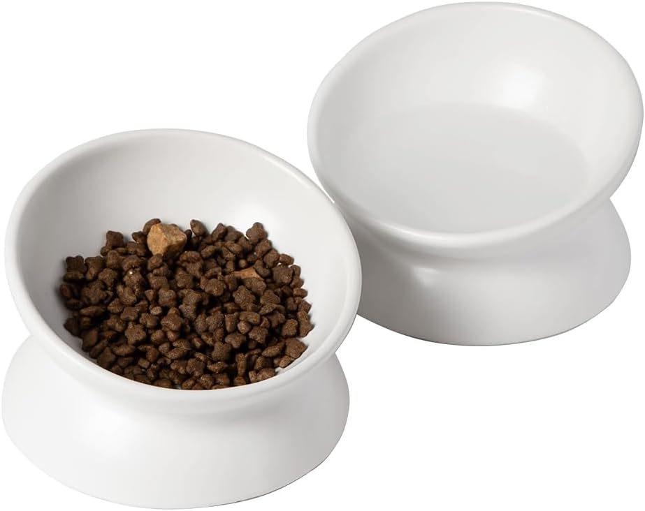 KIMAUTRM Raised Cat Food Bowl Two Bowls Neck and Whisker Friendly Elevated Tilted Prevent Vomiting Ceramic Color White