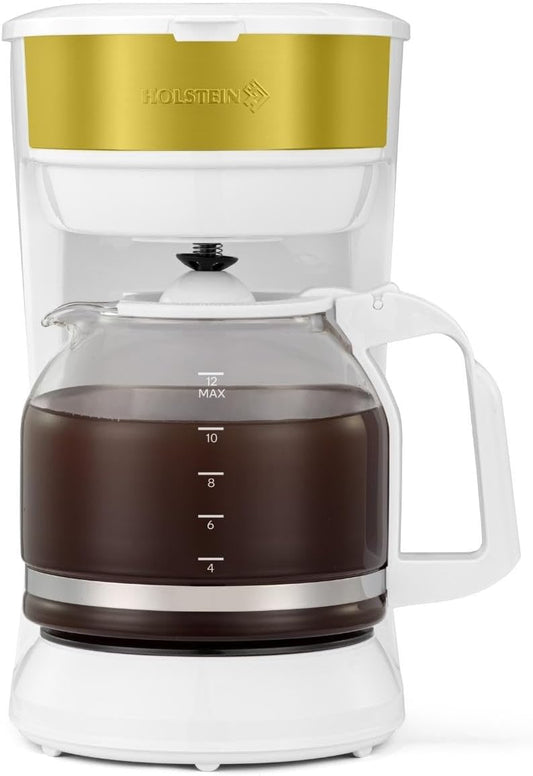 Holstein Housewares 12-Cup Drip Coffee Maker with Auto Keep Warm and Permanent Filter - Compact and User Friendly Design in White\/Gold Color with Auto Pause and Serve Functions