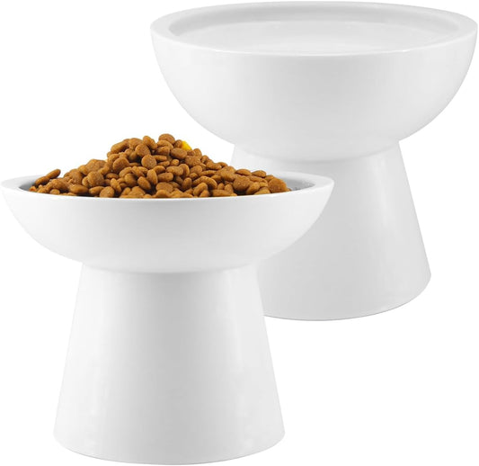 LoeJan Elevated Cat Food and Water Bowls Set, Extra Wide and Raised Ceramic Cat Feeder, Anti-Vomit Whisker-Free Pressure Cat Feeding Bowl for Kittens Adult Cats Small Dogs (White, Bowl Set)