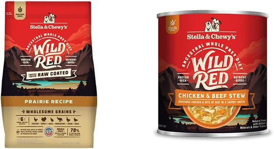 Stella & Chewy's Wild Red Raw Coated Kibble Dry Dog Food Wholesome Grains Prairie Recipe, 3.5lb Bag + Wild Red Chicken & Beef Stew Wet Dog Food, 10oz Cans (Pack of 6)