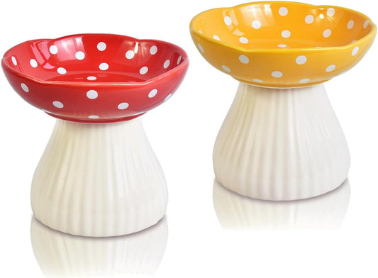 XJYYLX Ceramic Raised Mushroom Cat Bowl Set, Cute Elevated Cat Bowls Whisker Friendly, Raised Cat Dish for Food and Water, Red+Yellow 6" Wide for Adult Cats, Small Dog