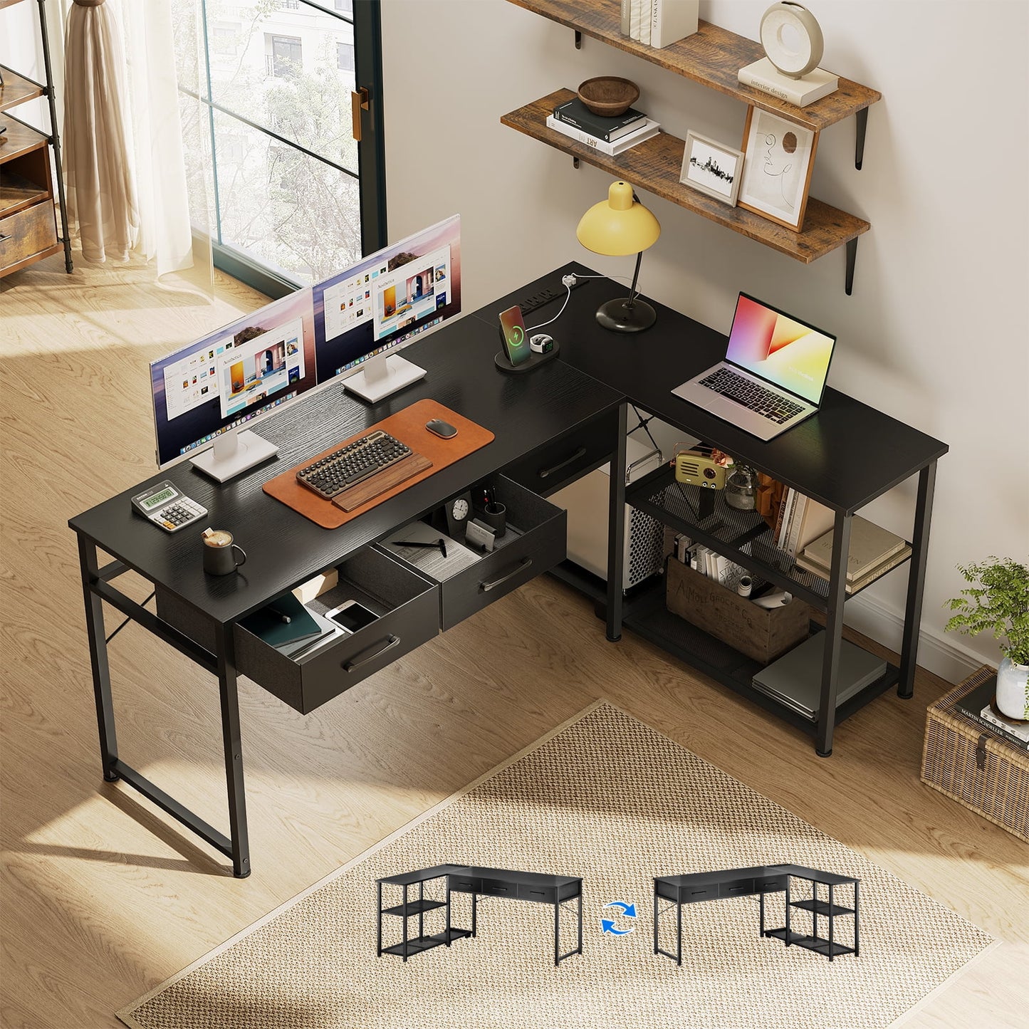 53 inch Reversible Office Desk with Power Outlets & USB Ports, Computer Gaming Desk with 3 Drawers, Writing Table with Storage Space for Bedroom, Black