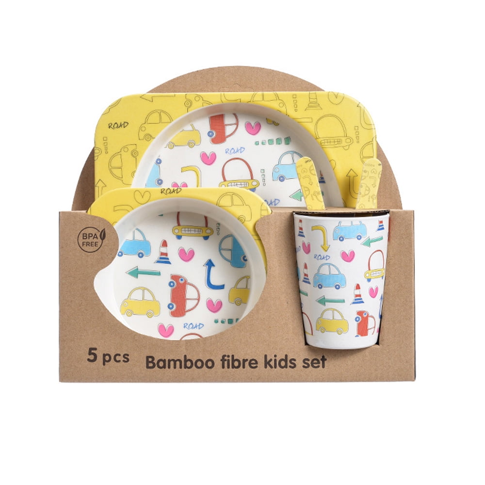 5Pcs/Set Bamboo Kids Dinnerware Set - Children Dishes - BPA Free Food Plate Bowl Cup Spoon Fork Set Dishware, Cartoon Tableware - Little Yellow Car