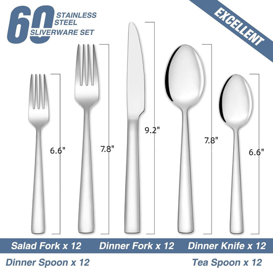 60-Piece Silverware Set For 12, Stainless Steel Flatware/Tableware Set Include Spoons/Forks/Knives, Mirror Polished Cutlery Utensil Set For Home Kitchen Restaurant Hotel, Durable,Dishwasher Safe