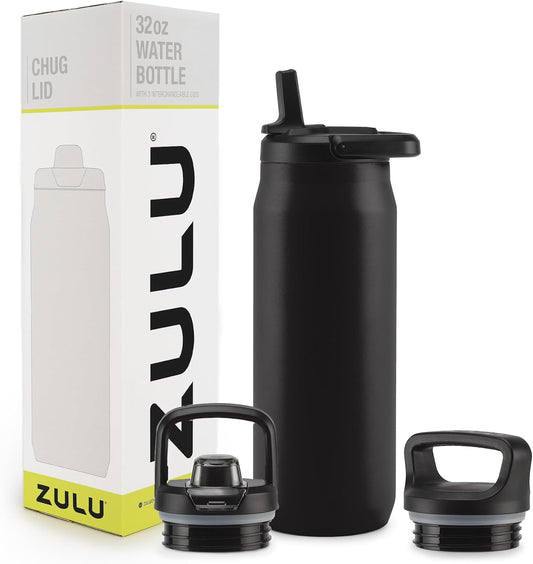 ZULU Base 32oz Stainless Steel Water Bottle with 3 Lids- Straw, Chug, Twist | Double Walled and Vacuum Insulated Metal Thermos | For Gym, Outdoor, Built in Carry Loop, Dishwasher Safe, Black