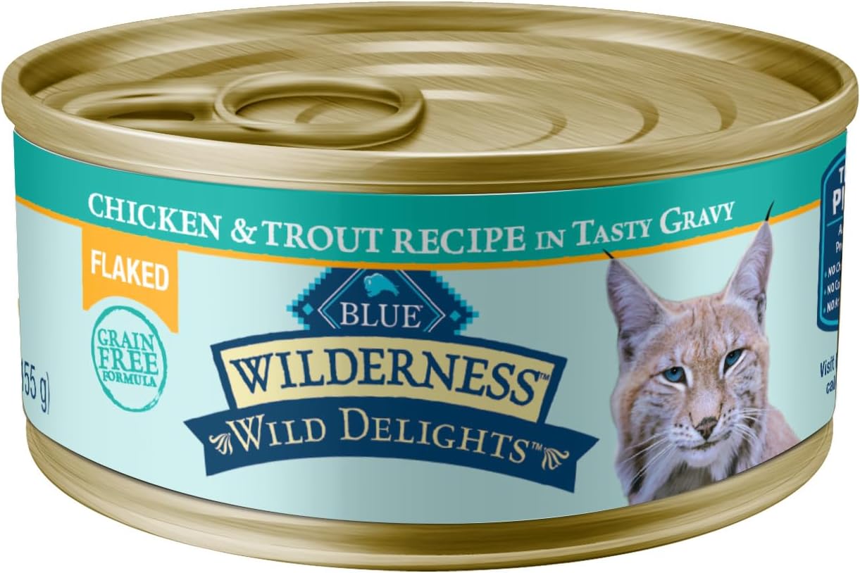 Blue Buffalo Wilderness Wild Delights Adult Flaked Wet Cat Food, High-Protein & Grain-Free, Made with Natural Ingredients, Chicken & Trout Recipe in Tasty Gravy, 3-oz Cans (24 Count)