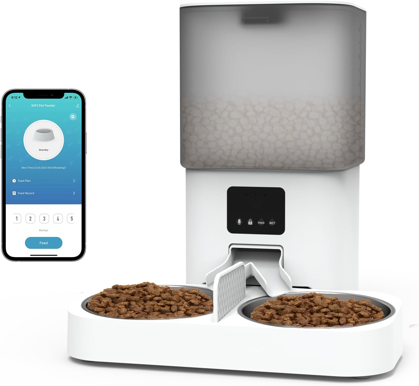 Automatic Cat Feeder for 2 Cats, 6L Dry Food Dual Auto Cat Feeder with APP Control/WIFI Connection/Feeding Schedule/Double Bowls