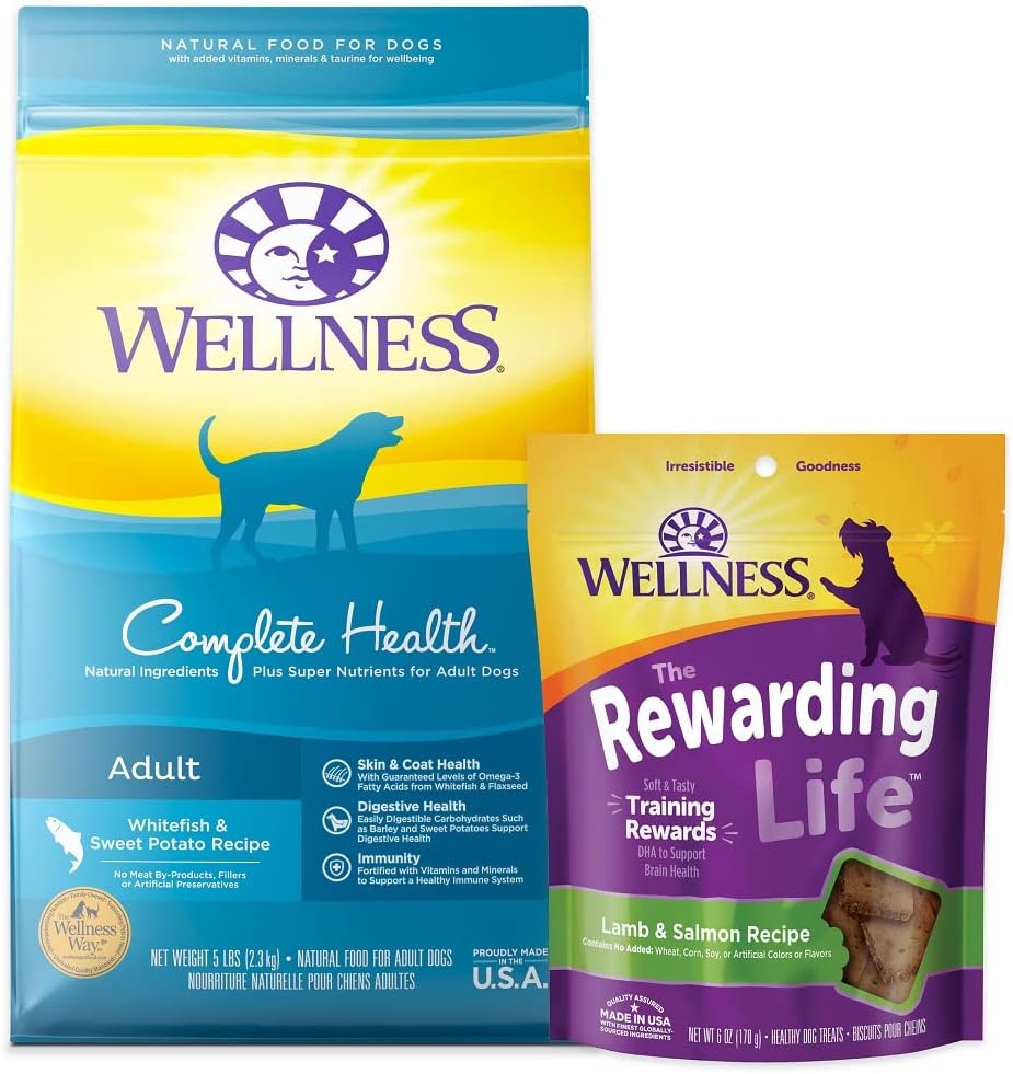 Wellness Dog Food and Treats Trial Bundle: Complete Health Dry Food, Whitefish 5lb & Rewarding Life Soft Treats, Lamb and Salmon