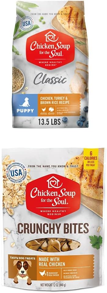 Chicken Soup for the Soul Pet Food Bundle - Puppy Food, Chicken, Turkey & Brown Rice Recipe and Chicken Crunchy Bites 12 oz - Soy Free, Corn Free, Wheat Free - Dry Dog Food Made with Real Ingredients