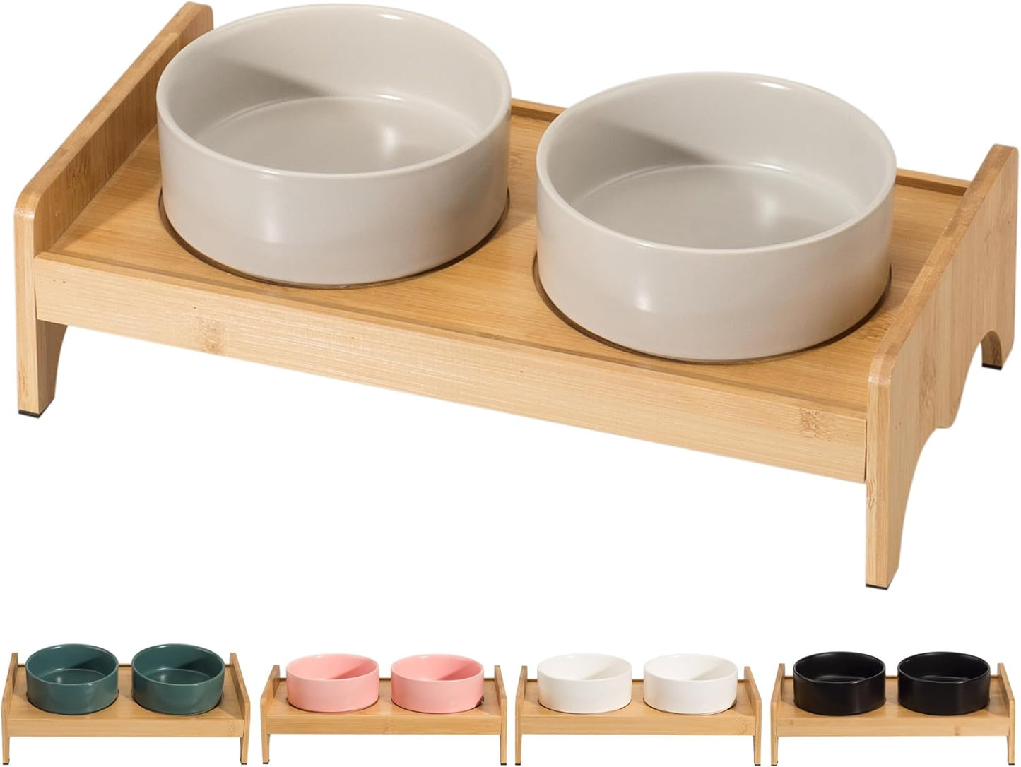 Elevated Ceramic Dog Bowl Set - Double Dog Bowls with Bamboo Stand Anti Vomiting - Raised Dog Food and Water Bowl Set - Small Dog Feeding Bowls - Pet Dishes for Cats and Puppies - 16.23 OZ - 2 Cups