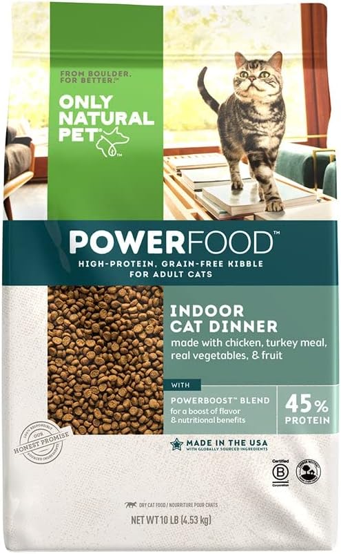 Only Natural Pet Powerfood Poultry Indoor Cat Dinner Dry Food - High-Protein Grain Free Kibble for Adult Cats, Made in USA and Supports Skin & Coat, Heart, & Immune Health, 10 Lb Bag