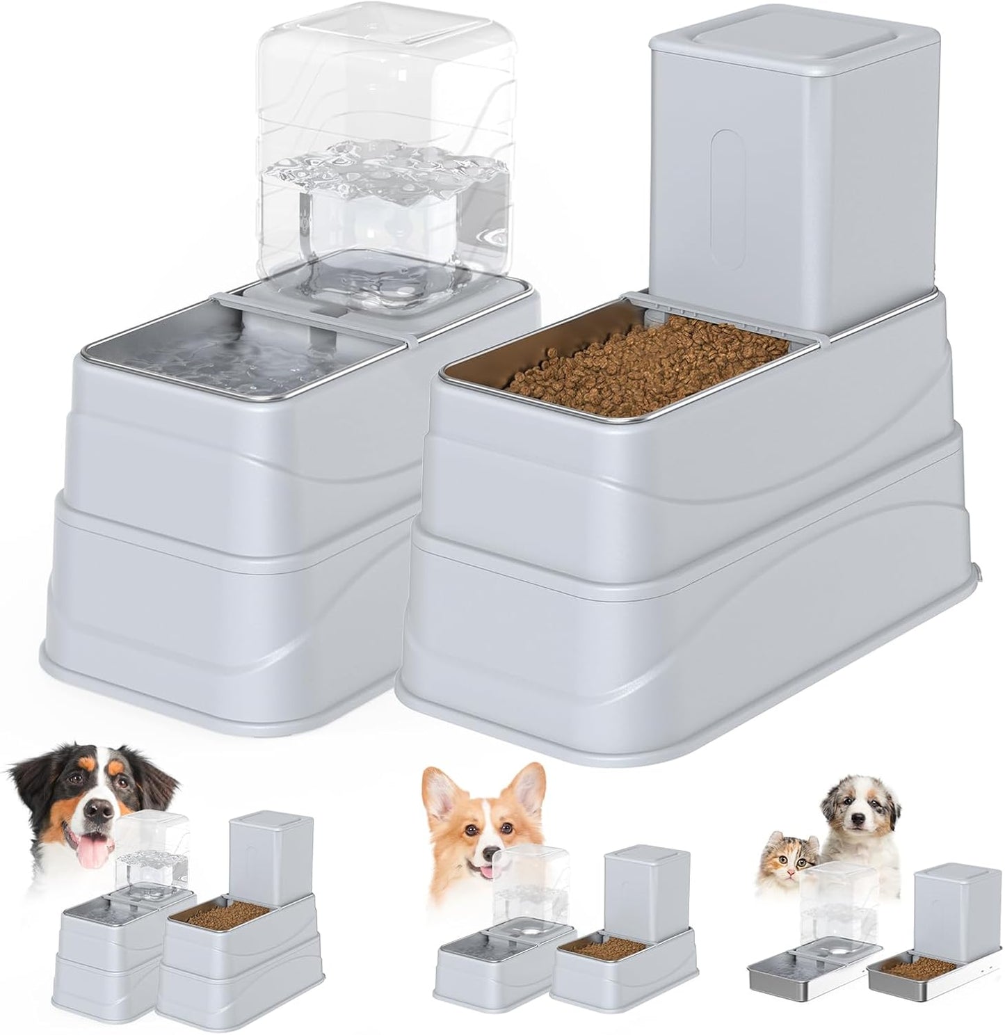 2 Pack Automatic Dog Cat Feeder and Water Dispenser, Rywell 4L Gravity Dog Cat Feeder and Water Dispenser Set with Stainless Steel Bowls, Elevated 3 Height Adjustable Dog Cat Feeder for Pets