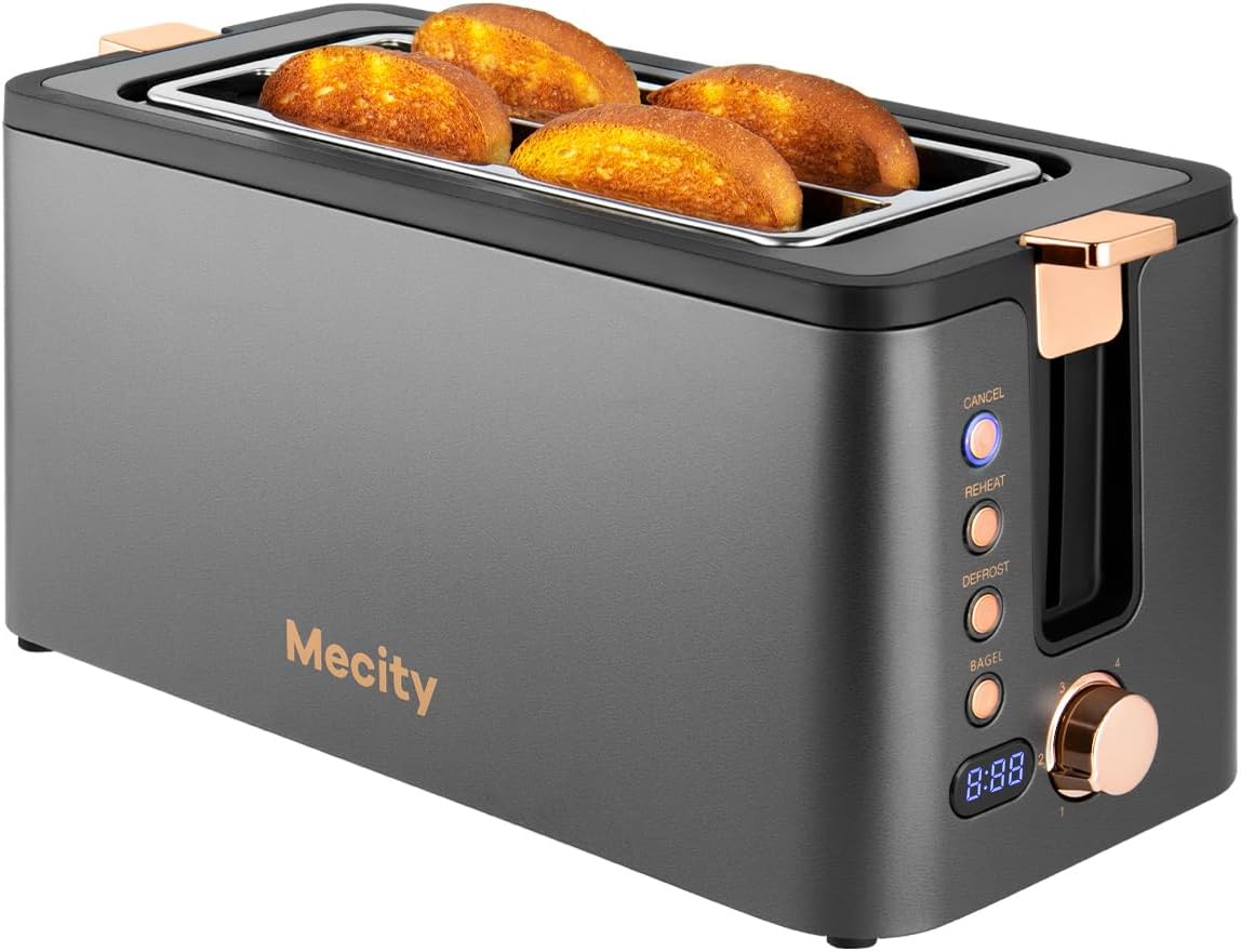 Mecity 4 Slice Toaster, Long Slot Toaster With Warming Rack, Bagel\/Defrost\/Reheat Functions,Warming Rack, Crumb Tray, 6 Browning Settings, Extra Wide Long Slots, Stainless Steel, 1300W,Grey