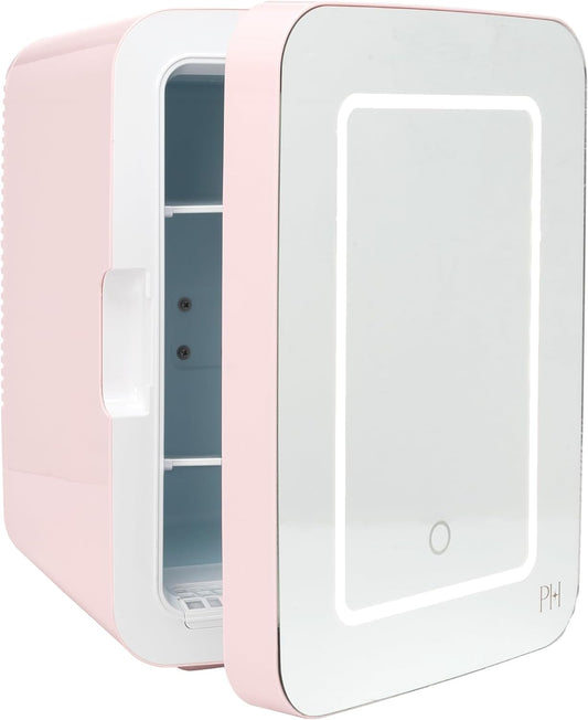 Paris Hilton Refrigerator and Personal Beauty Fridge, Mirrored Door with Dimmable LED Light, Thermoelectric Cooling and Warming Function for All Cosmetics and Skincare Needs, 10-Liter, Pink