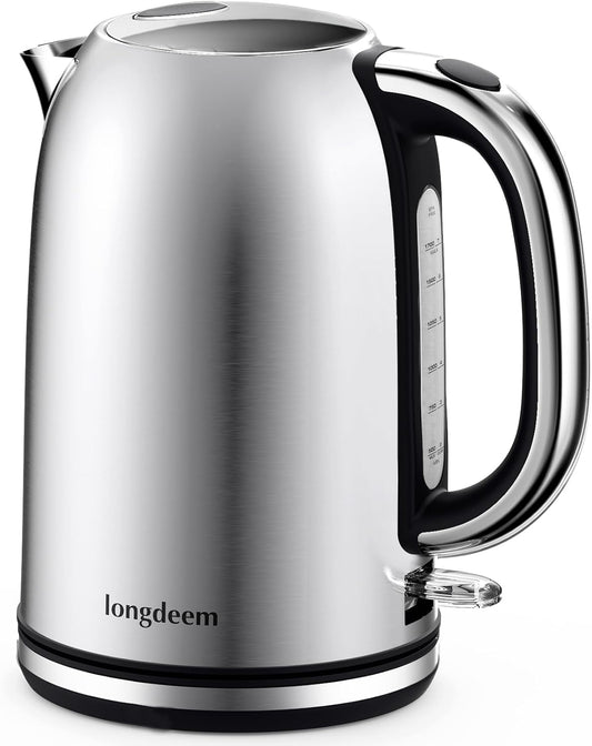 Longdeem Fast-Boil Electric Tea Kettle, 1.7L Stainless-Steel Water Heater, 1500W, Cordless Design with LED, Auto-Shutoff & Anti-Dry Protection, Silver