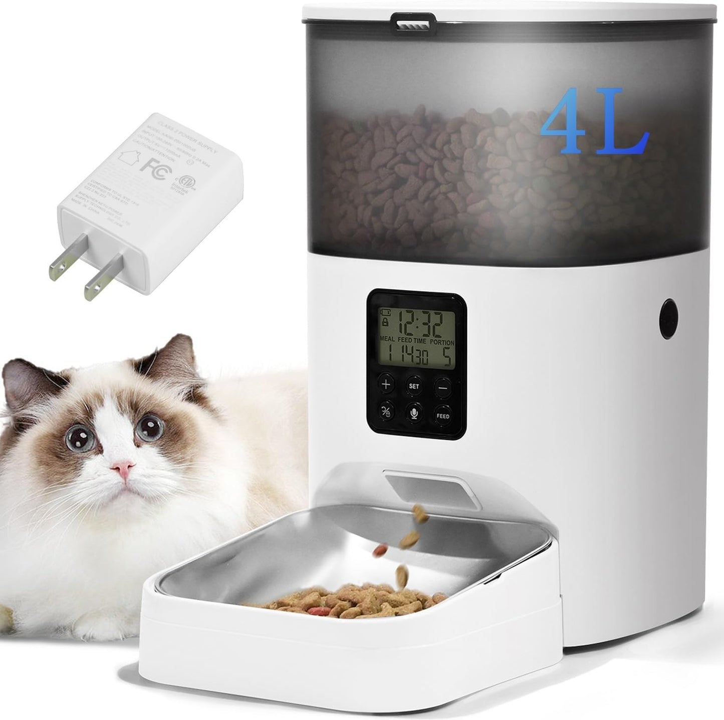 Automatic Cat Feeder, 4L Cat Food Dispenser with 10s Voice Recorder, Pet Feeder up to 8 Meals per Day, Timed Cat Feeder with Dry Food Sealed Ring (Jade White, 4L)