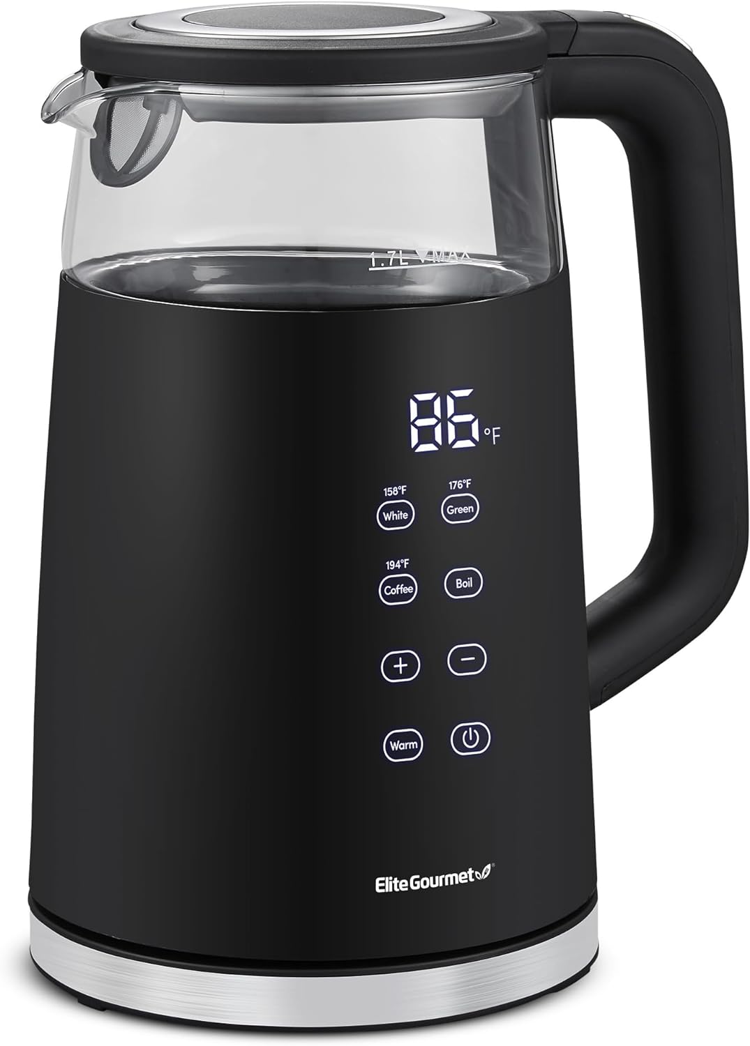 Elite Gourmet EKT8717 1.7L Double Wall Cool Touch Electric Tea Kettle, Glass Exterior, Real Time Temperature, Digital Touch-Screen, Programmable, Keep Warm, Auto Shut-Off, Black