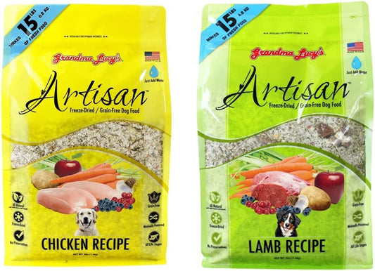 grandma lucy's Artisan Dog Food, Grain Free and Freeze-Dried - Artisan Chicken, 3Lb Bag & - Artisan Lamb Dog Food – 3Lb