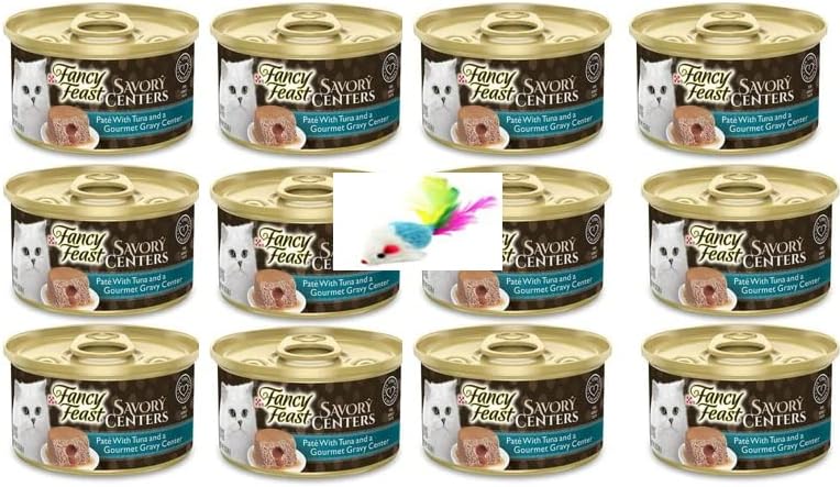 Fncy Fest Pate Wet Cat Food, Savory Centers Pate with Tuna and a Gourmet Gravy Center 3 oz. 12 Cans with a Mouse Toy