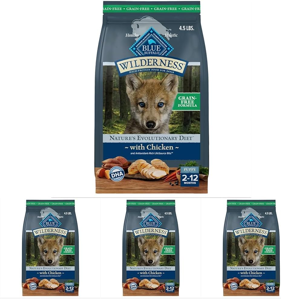 Blue Buffalo Wilderness Puppy High-Protein Dry Dog Food with Real Chicken, Grain-Free, Made in The USA with Natural Ingredients, Chicken, 4.5-lb. Bag (Pack of 4)