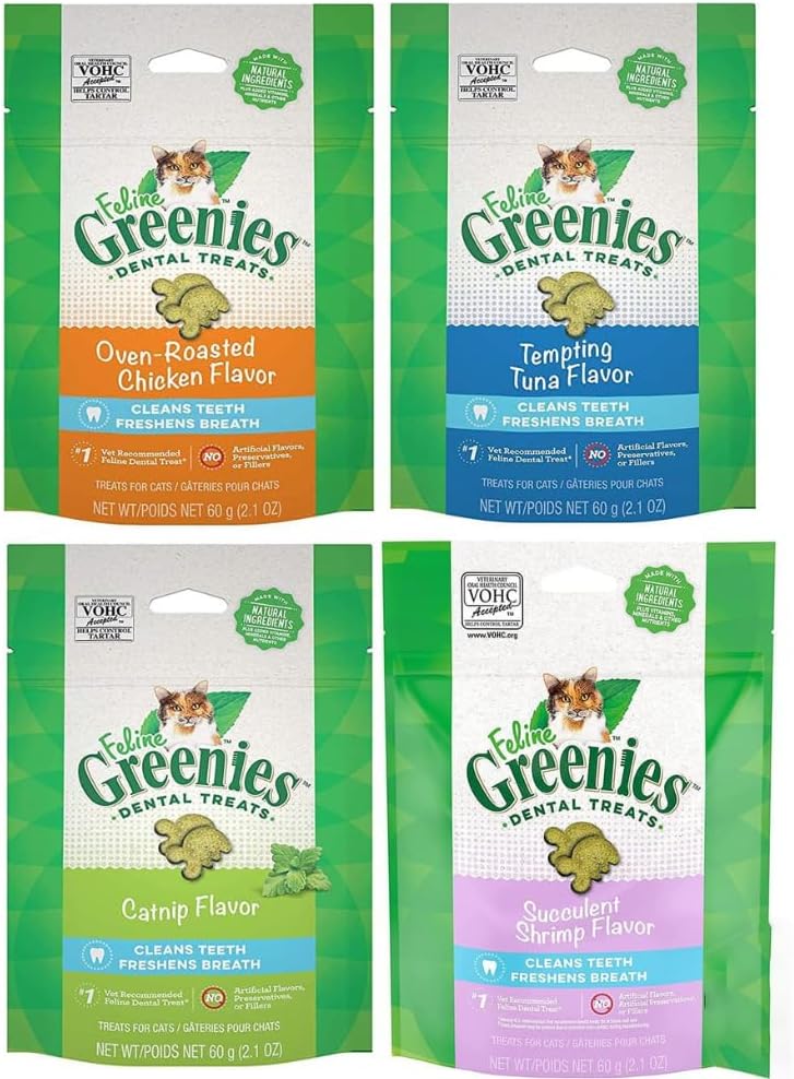 Greenies (4 Pack Feline Dental Cat Treat Variety Bundle 4 Flavors - 2.1oz Each Bag