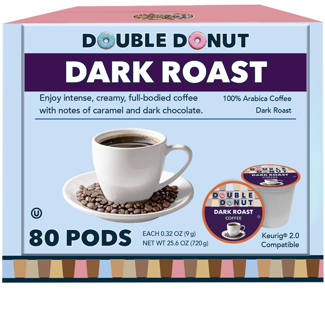 Double Donut Dark Roast Coffee Pods, Extra Bold Blend Coffee, Single Serve Coffee For Keurig K Cups Machines, Dark Roast Coffee in Recyclable Pods, 80 Count