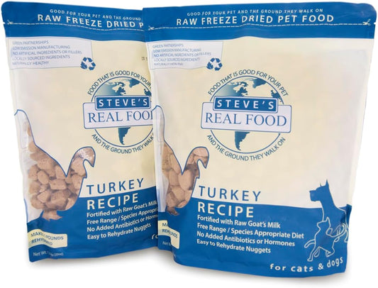 Steve's Real Food Freeze-Dried Raw Food Diet for Dogs and Cats, 2-Pack, Turkey Recipe, 1.25 lbs in Each Bag, Made in The USA, Pour and Serve Nuggets, Grass Fed & Free Range