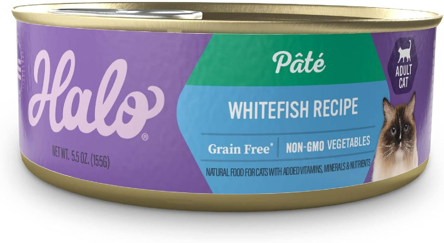 Halo Adult Grain Free Wet Cat Food Pate, Whitefish Recipe, Healthy Cat Food with Real, Whole Whitefish, 5.5 oz Can (Pack of 12)