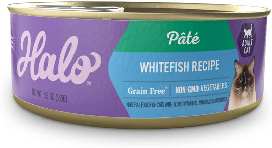 Halo Adult Grain Free Wet Cat Food Pate, Whitefish Recipe, Healthy Cat Food with Real, Whole Whitefish, 5.5 oz Can (Pack of 12)