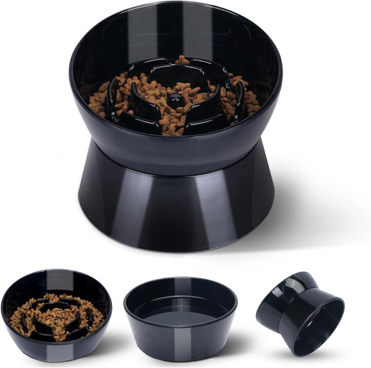 F FD Hub Tilted Raised Slow Feeder Bowl for Cats and Small & Medium Dogs, Raised Design Improves Posture, Spiral Inner Shape Prevents Fast Eating, Dishwasher Safe, 10 oz (Black, M-Dogs)